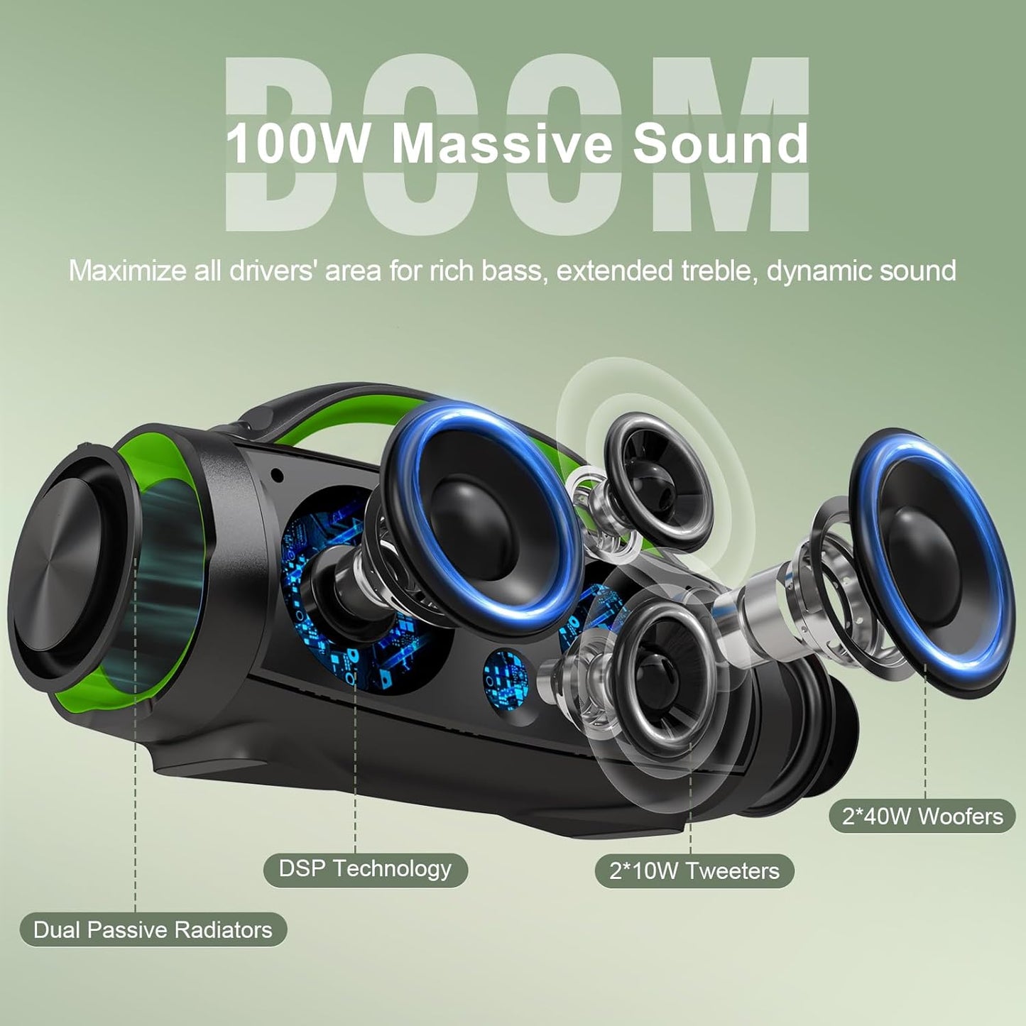DOSS Extreme Boom Pro Loud Bluetooth Speaker with 100W Stereo Sound, Extra Bass, 20H Playtime, Party-Sync Led Lights, Built-in Power Bank, IPX6 Waterproof for Outdoor, Camping, Pool-Green