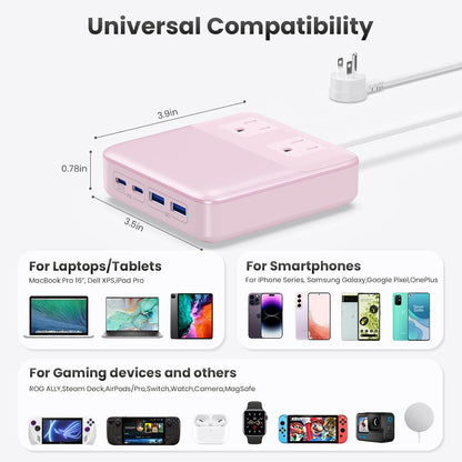 USB C Charger Block,135W GaN IV Fast Charging Station Hub,6-in-1 USB C Power Strip with Flat Plug and 5ft Cord,2 AC,2 USB A,2 USB C,PD 65W Laptop Charger for MacBook Air/Pro,iPhone16/15,Samsung-Pink