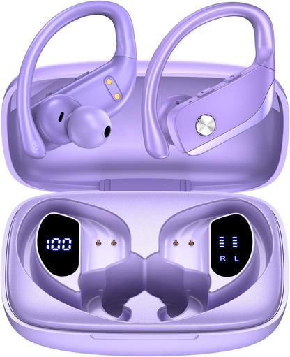 bmanl Wireless Earbuds Bluetooth Headphones 48hrs Play Back Sport Earphones with LED Display Over-Ear Buds with Earhooks Built-in Mic Headset for Workout Purple