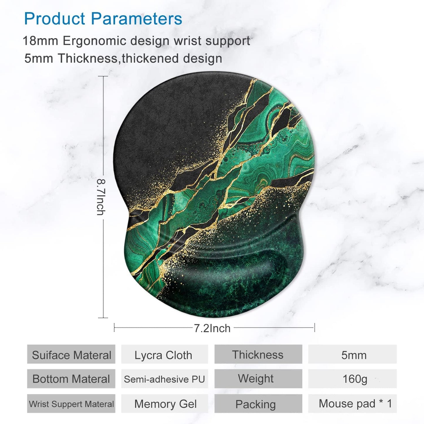 ITNRSIIET Ergonomic Mouse Pad with Gel Wrist Support Small Wrist Rest Smooth Surface Non-Slip PU Base Comfortable Office Supplies Pain Relief, 8.7 x 7.2 inches, Green Marble Gold
