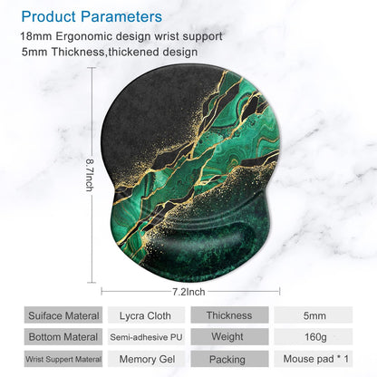 ITNRSIIET Ergonomic Mouse Pad with Gel Wrist Support Small Wrist Rest Smooth Surface Non-Slip PU Base Comfortable Office Supplies Pain Relief, 8.7 x 7.2 inches, Green Marble Gold