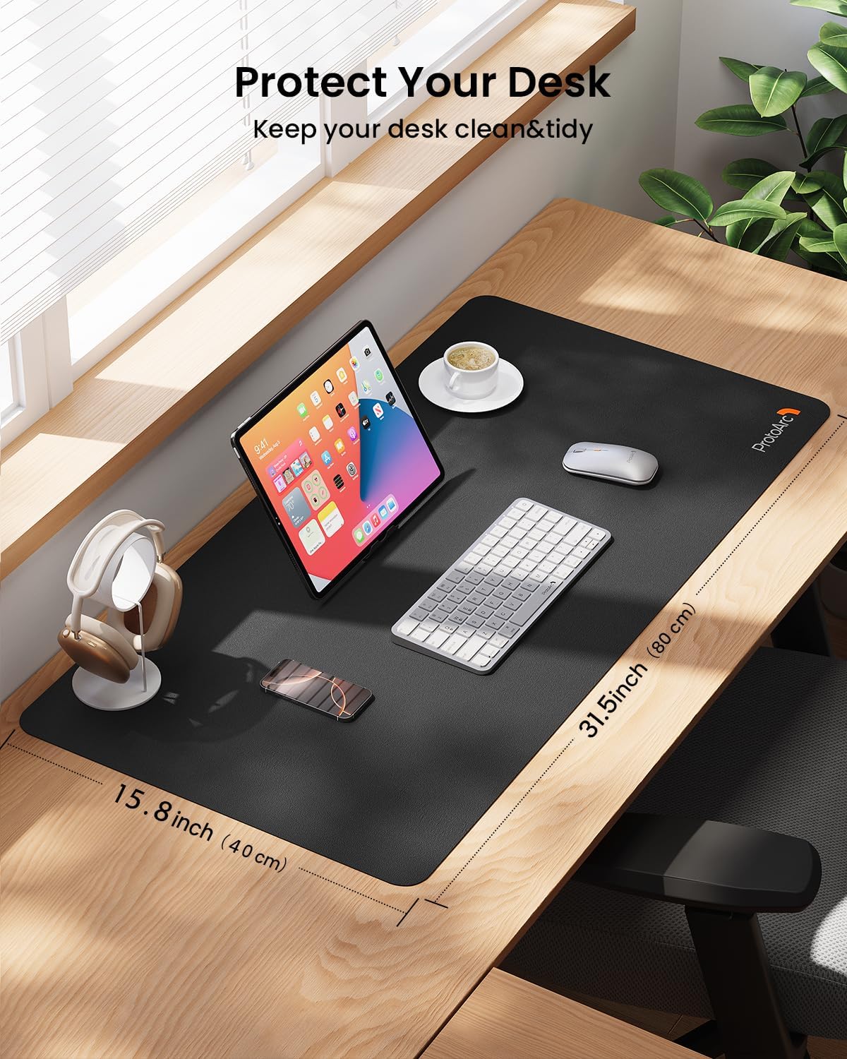 ProtoArc Leather Desk Mat, Large Mouse Pad- 31.5×15.8 inch, Non-Slip PU Leather Desk Pad Protector, Premium Desktop Mat for Computer, Keyboard and Mouse, Black