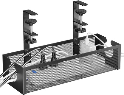 DELAMU Under Desk Cable Management Tray, No Drill Metal Mesh Cable Management Under Desk with F-Clamp Mount & 2 Open Holes, Cord Organizer for Home Office, 1 Pack, Black