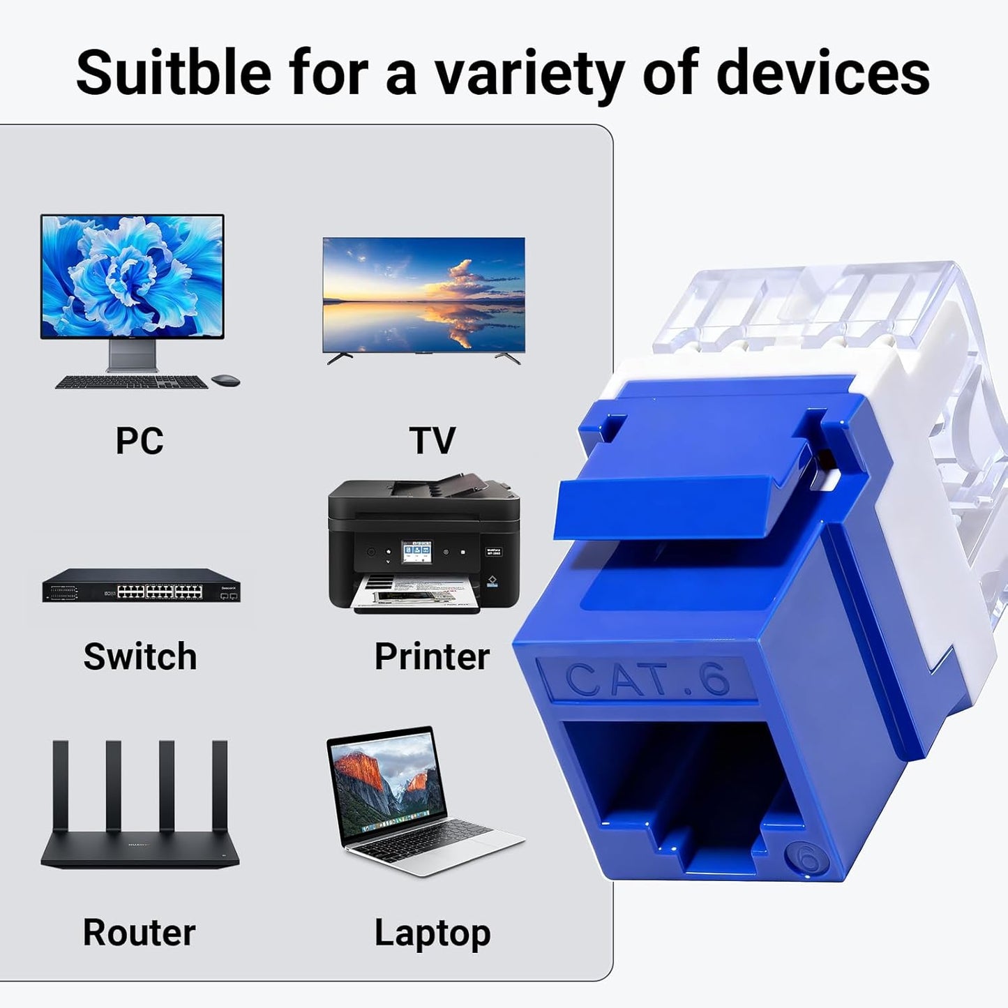 RJ45 Cat6 Keystone Jacks 25-Pack, Ethernet Keystone Jack, 180 Degree Punch-Down Cat 6 Keystone Jack Slim Profile for Wall Plates & Patch Panels – Blue