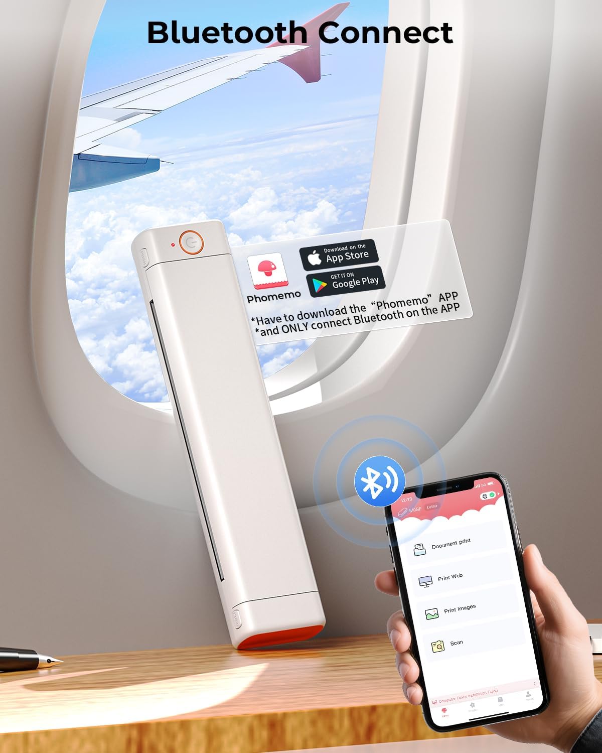 Phomemo Inkless Portable Printer for Travel - Wireless Thermal Printer Compatible with Phone & Laptop, Bluetooth Printers Supports 8.5" X 11" Letter Thermal Paper, Come with Carry Case