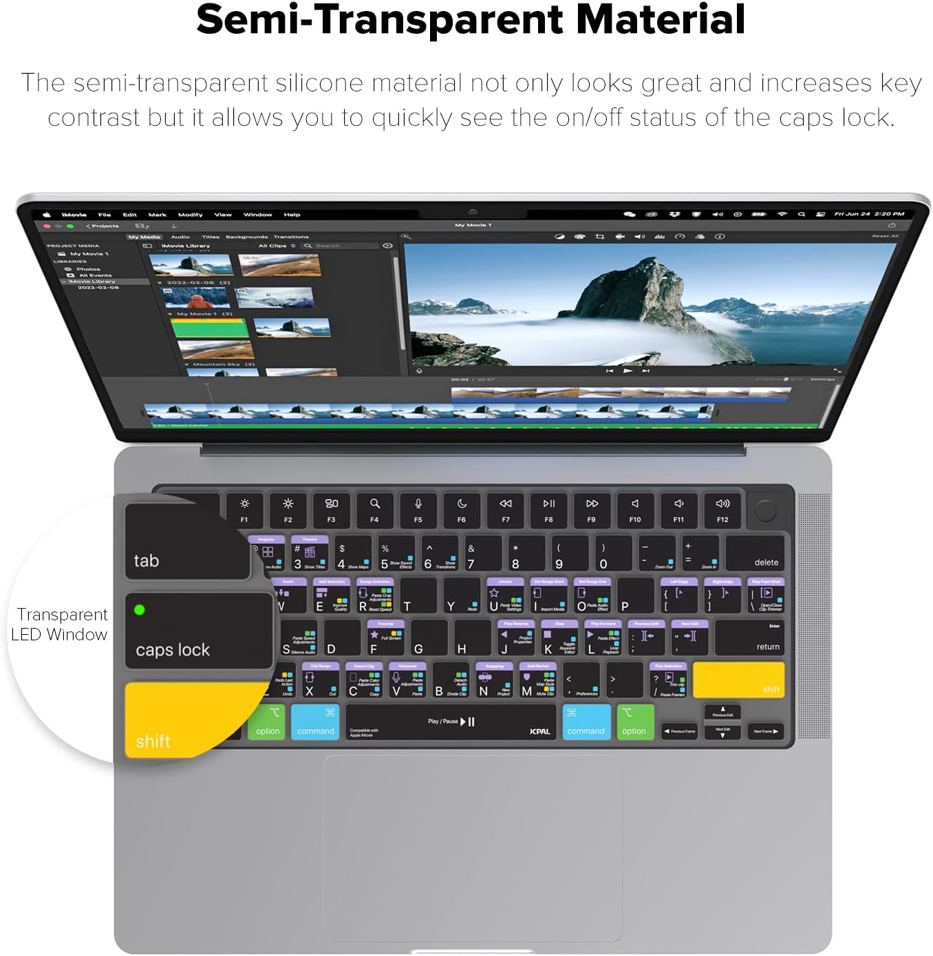 JCPal iMovie Shortcut Guide Keyboard Cover for Apple MacBook Pro 14 inch and MacBook Pro 16 inch (M1-M4 Models) and MacBook Air 13 inch and MacBook Air 15 inch (M2-M4 Models) (US-Layout)