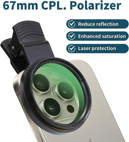 67mm Clip-on CPL Phone Camera Lens Filter, Polarized Camera Lens Filter CPL Filter for iPhone 16 15 Pro Max Plus 14 13 Pro Max Mini 12 11 X XS Galaxy