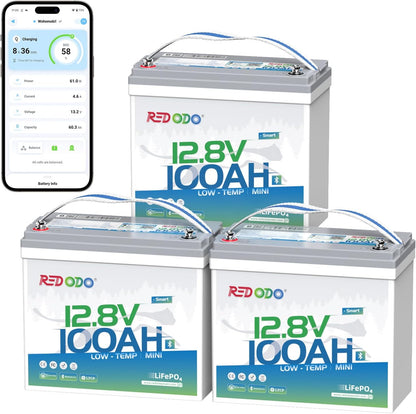 Redodo 12V 100Ah Smart Mini Bluetooth LiFePO4 Battery, Smallest Lithium Battery，Max 1280Wh, 10-Year Lifespan with Up to 15000 Deep Cycles, Upgraded 100A BMS for RV, Marine, Solar, Camping - 3 Pack