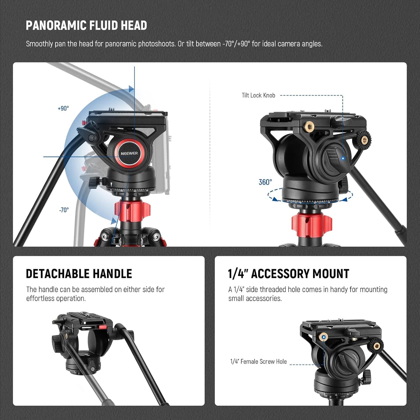 NEEWER 72" Fluid Head Video Tripod Monopod, Aluminum Alloy QR Plate Compatible with DJI RS Gimbal, 360° Pan & +90°/-70° Tilt for DSLR Camera Camcorder, Max Load 13.2lb/6kg, TP72A