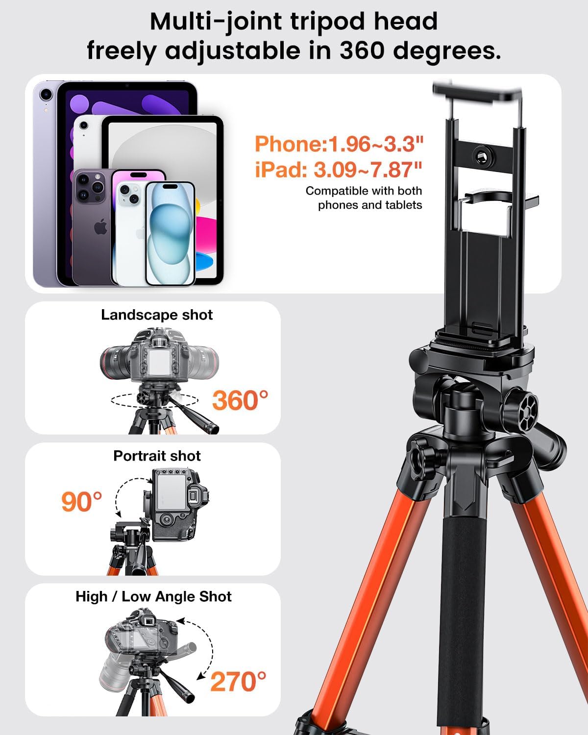 73" Camera Tripod and Monopod, Professional Aluminum Tripod Stand for Mirrorless Camera/DSLR/Cell Phone/Camcorder/GoPro, with Phone Holder and Travel Bag (Burnt Orange)