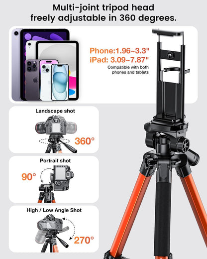 73" Camera Tripod and Monopod, Professional Aluminum Tripod Stand for Mirrorless Camera/DSLR/Cell Phone/Camcorder/GoPro, with Phone Holder and Travel Bag (Burnt Orange)