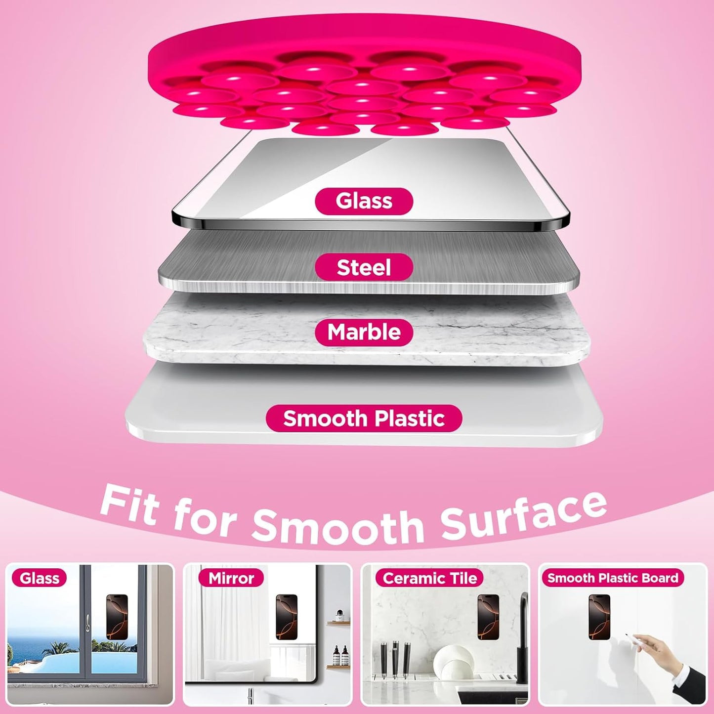 Magnetic Suction Cup Phone Mount for MagSafe Case, Silicone Hands-Free Grip Holder for iPhone and Android, Mirror Shower Phone Stand for Makeup FaceTime Gym Kitchen Bathroom, Neon Pink