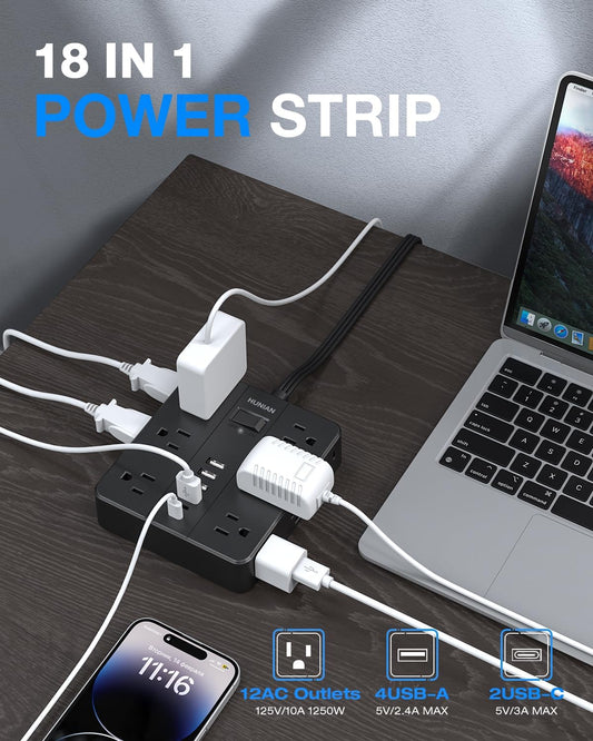 Flat Plug Power Strip Surge Protector, HUNIAN 5 Ft Extension Cord with 12 Widely Spaced Multiple Outlets 6 USB Charger (2 USB C Ports), Desk Charging Station for Home Office Supplies, Black
