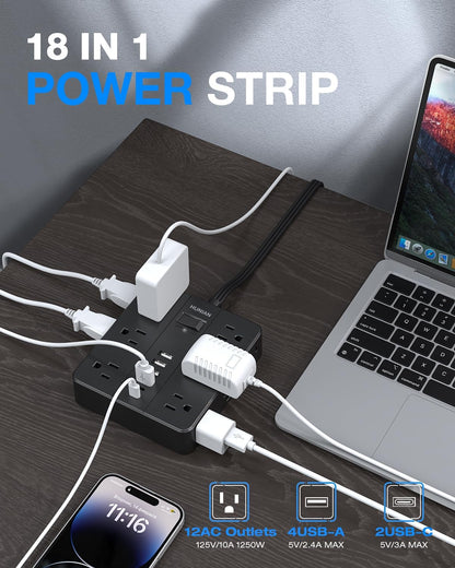 Power Strip Surge Protector, Flat Extension Cord Indoor 20 Feet, HUNIAN 12 Widely Spaced Outlets with 6 USB Charger (2 USB C Ports), Desk Charging Station for Home Office Supplies, Dorm Room, Black