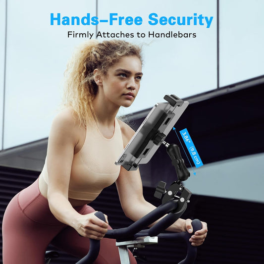 Treadmill Tablet iPad Holder, Aluminum Indoor Exercise Bike Handlebar Mount Clamp for Stationary Elliptical Bicycle Peloton Spin Bike Stroller, Compatible with 4.7"-12.9" Tablets/iPad/Phones