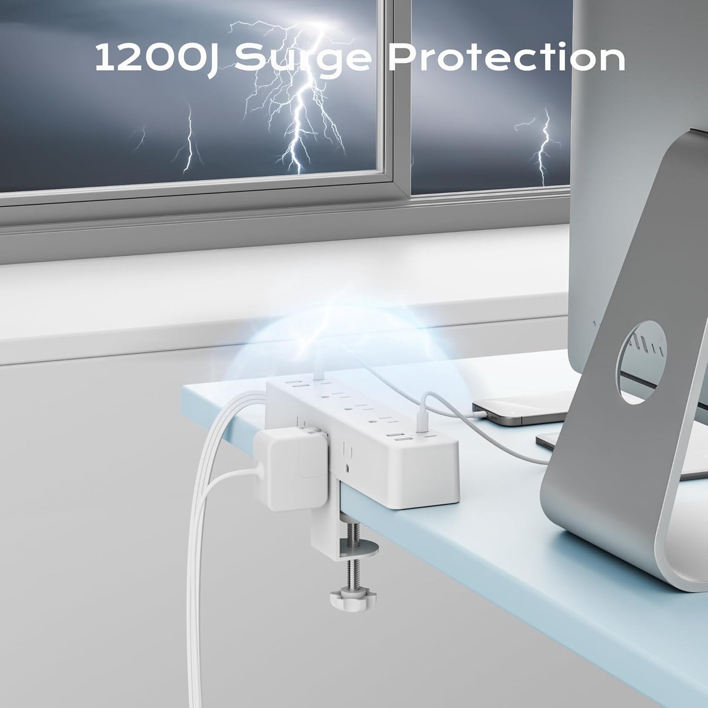 Flat Plug Desk Clamp Power Strip 10FT, 24W Total Charging Station, Desk Edge Mount Power Strip 9 AC Outlets 8 USB Ports Surge Protector, Fit 1.7" Tabletop Edge, Home Office Accessories, White