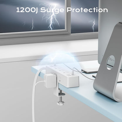 Flat Plug Desk Clamp Power Strip 10FT, 40W Total Fast Charging Station, 2 PD20W USB C Ports, Desk Edge Mount Power Strip 9 AC Outlets 8 USB Ports Surge Protector, Fit 1.7" Tabletop Edge, White