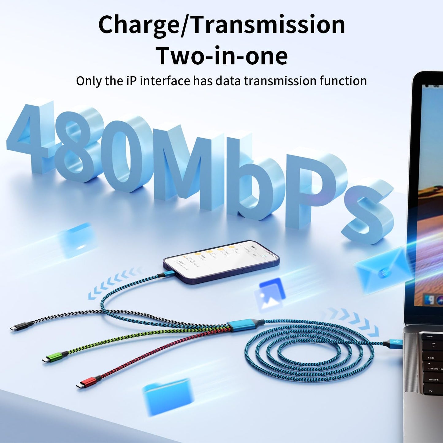 Travel Essentials Dual Type-C 4 in 1 Charging Cable 2 Pack 5FT Multi Charging Cables for All Devices,Universal USB Cable Adapter 2 USB-C/IP/Micro Port for Cell Phones Tablets Samsung Galaxy PS & More