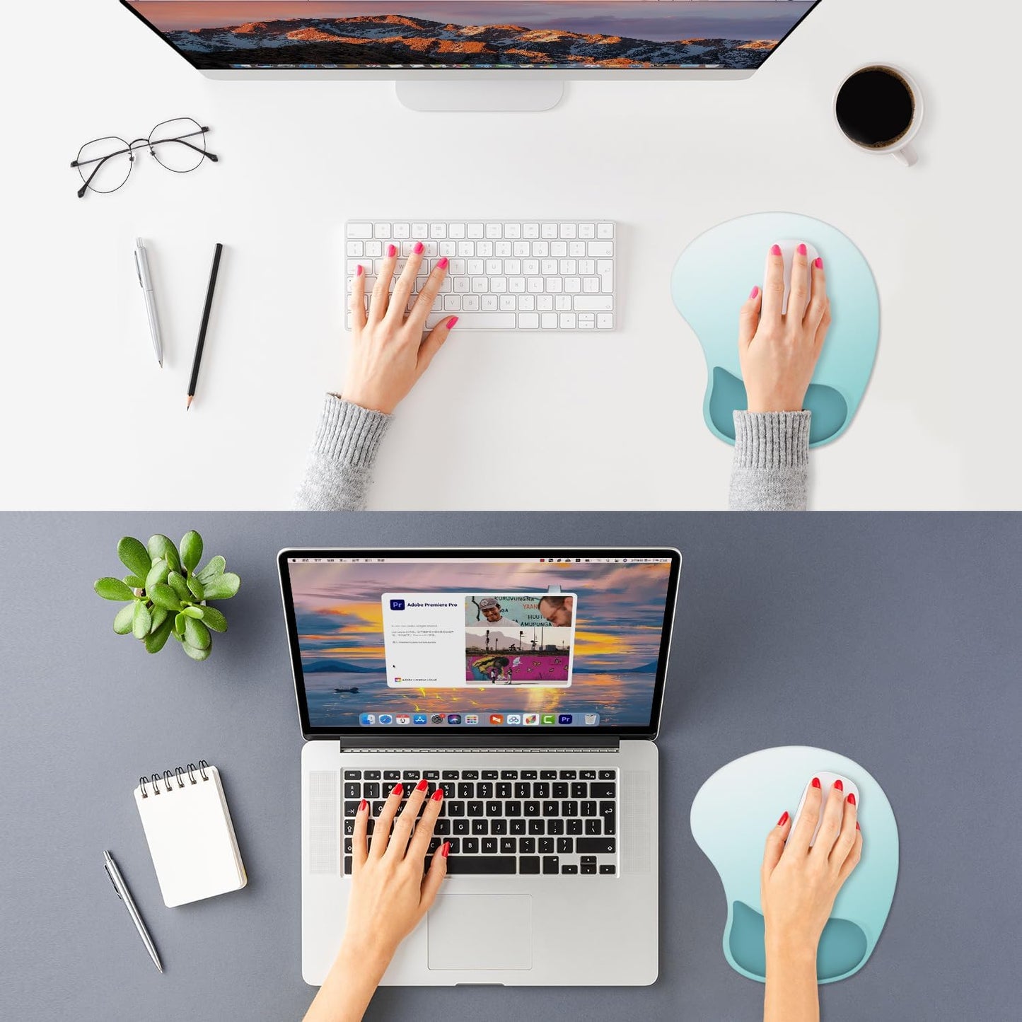 ITNRSIIET Ergonomic Mouse Pad, Cushioned Gel Wrist Rest, Non-Slip Base, Smooth Surface, Compatible with All Mice for Office & Gaming, Desk Accessory, 9.5 x 8.2 inch, Light Green Gradient