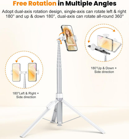 TONEOF 66" Automatic Phone Tripod with Magnetic Rechargable Remote,Selfie Stick 360° Vertical & Horizontal Rotatable,Stable for iPhone/Android((White)