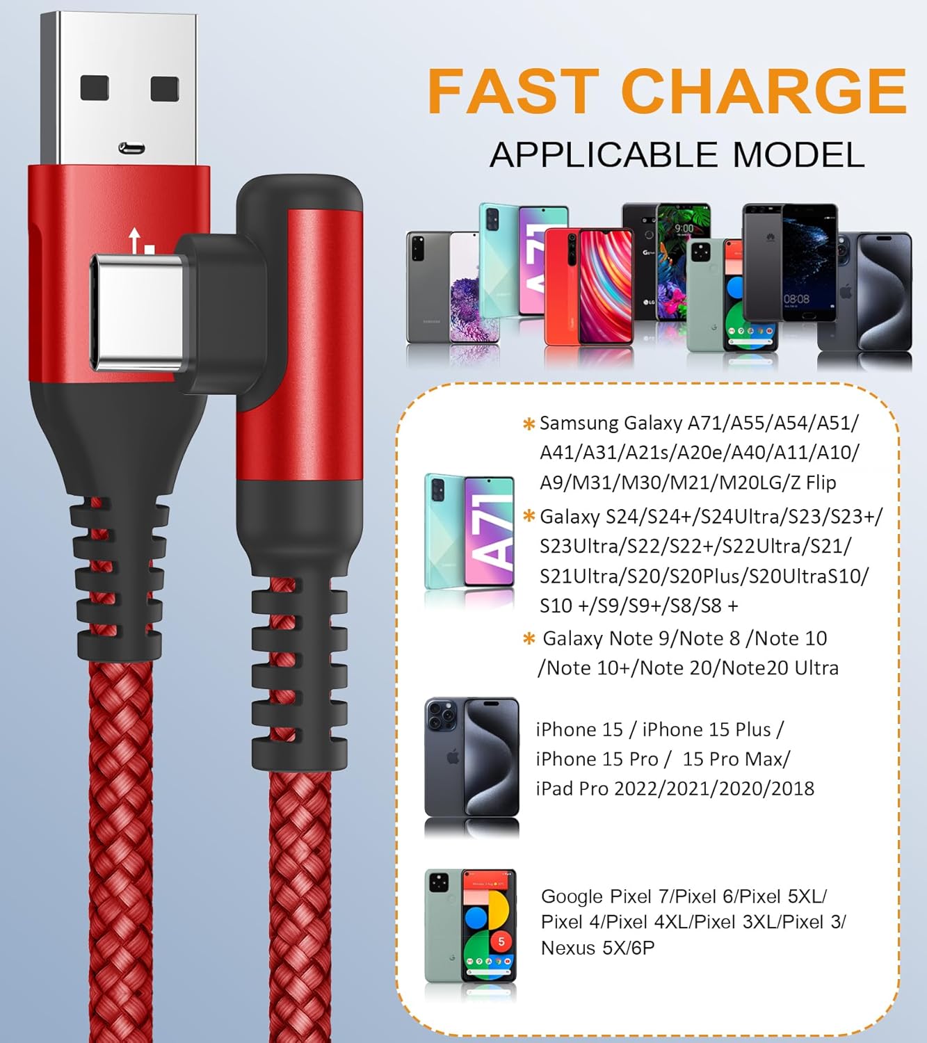 sweguard USB C Cable Right Angle [3Pack, 10FT+6.6FT+3.3FT], USB Type C iPhone 16 Charger Cable Nylon Braided Cord for iPhone 15 16 Pro Max Plus, Samsung Galaxy S25 S24 S23 S22 S21 S10 Note 20 10, Moto