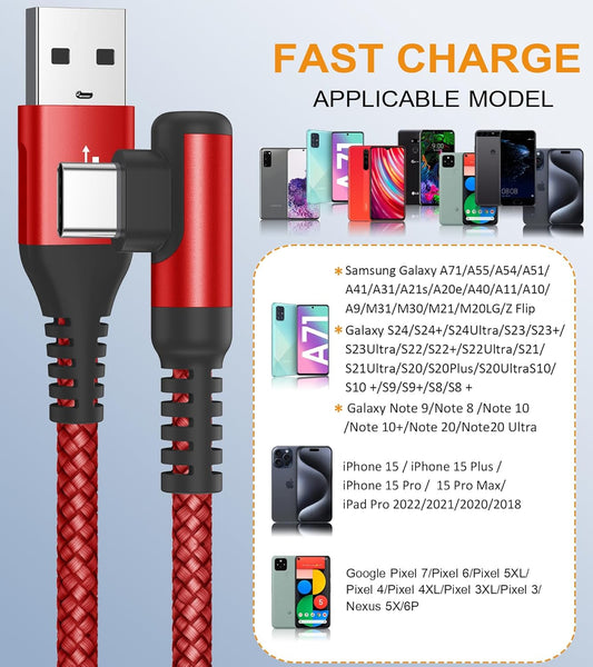 sweguard USB Type C Charger Cable Right Angle [2-Pack,6.6FT] iPhone 16 Charger Nylon Braided Cord for iPhone 15 16 Pro Max Samsung Galaxy S25 S24 S23 S22 S21 S20 S10 S9 Note A15 A55 Flip Pixel LG Moto