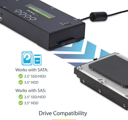 StarTech.com 1:1 Standalone Hard Drive Duplicator and Eraser, SAS/SATA HDD/SSD Cloner/Copier, Hard Drive Duplicator/Sanitizer, Harddisk/Harddrive Wiper, LCD, Toolless, TAA Compliant (SATSASDUPE11)