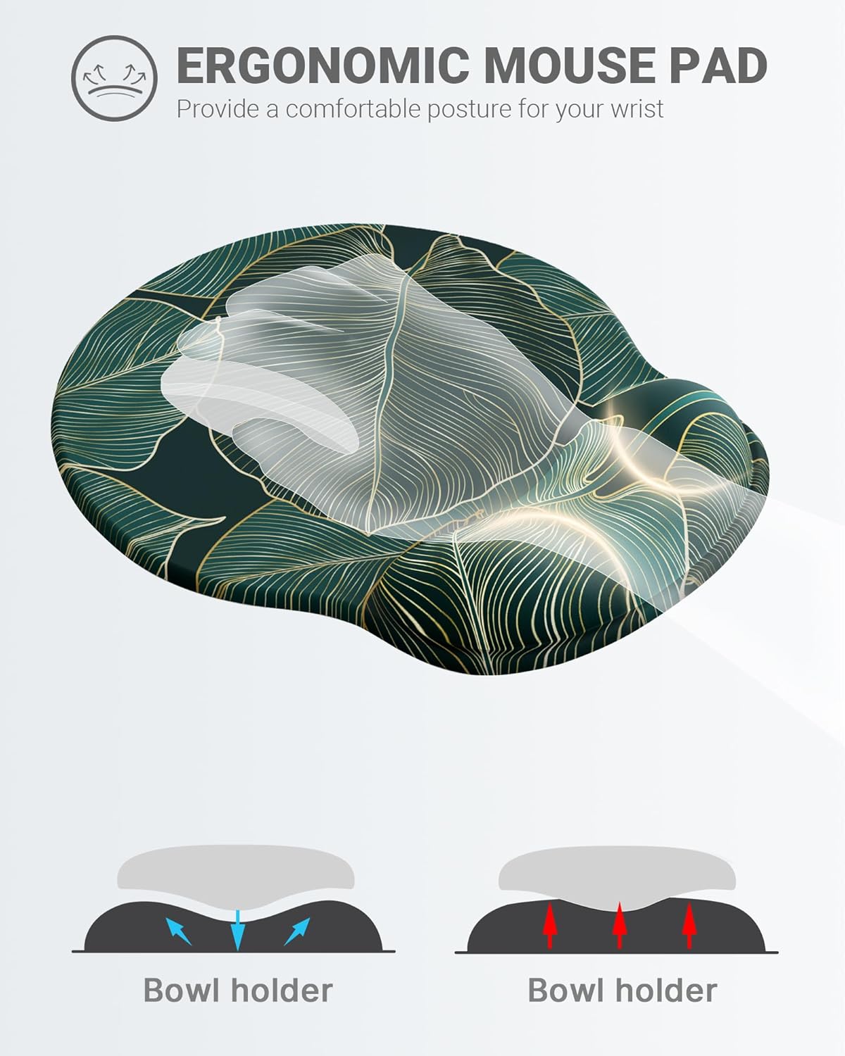 Ergonomic Mouse Pad Wrist Support, Comfortable Mouse Pad Wrist Rest, Relieve Wrist Pain Gel Mouse pad, Non-Slip Rubber Base Mousepad for Laptop, Computer(Green Leaf)