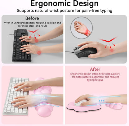Cloud Wrist Rest for Computer Keyboard, 4-in-1 Memory Foam Leather Cloud Keyboard Wrist Rest and Mouse Pad Set with Ergonomic Support for Arm and Palm Cushion, Gaming/Work Setup, Pink