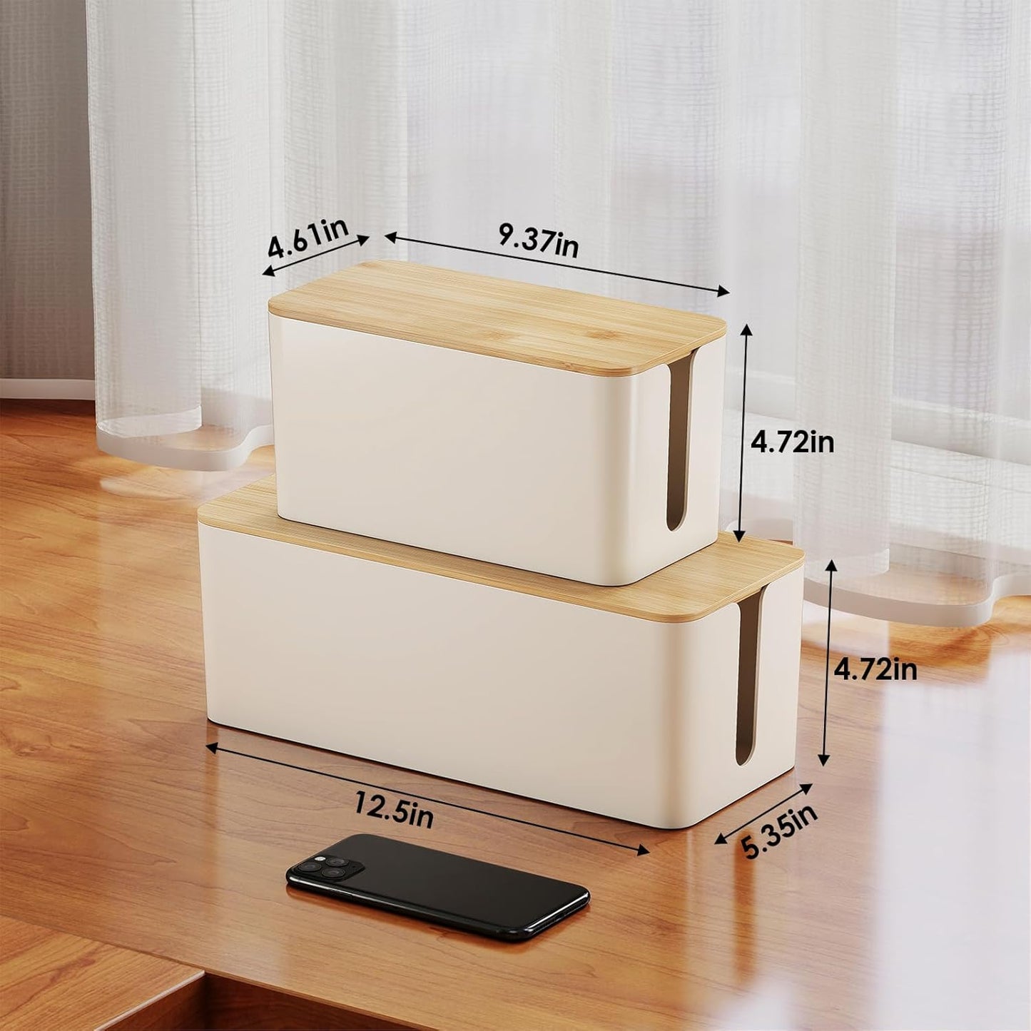 DELAMU 2 Pack Cable Management Box, Safe ABS Wood Grain Desk Medium and Small Cord Organizer, Baby Pet Proof Lock Cord Box Hider for USB Hub TV Wires Computer Desks and Power Strips