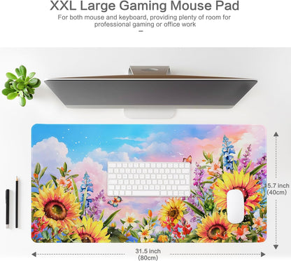 Lokigo Sunflower Mouse Pad Desk Pad Large Gaming Mouse Pad Floral Butterfly Non-Slip Rubber Base Mousepad Keyboard Writing Desk Mat for Home Office Work Study Gaming 31.5"x15.7", Flowers