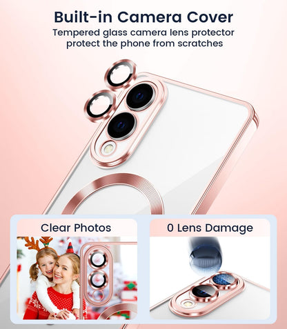 Slim Thin for Samsung Galaxy S25 Edge Case, Compatible with MagSafe, Built-in Camera Lens Protector, Shockproof Protective Phone Case, Soft Electroplated Clear Cover, Rose Gold
