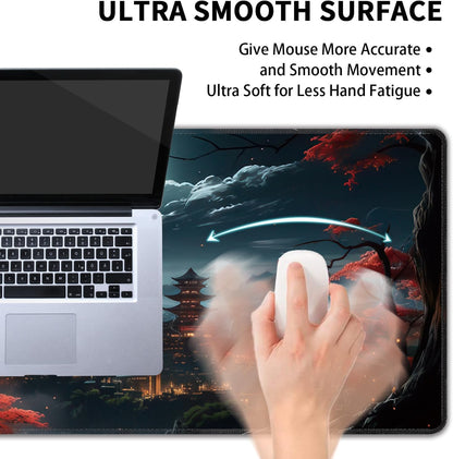 Japanese Full Moon Large Mouse Pad,Gaming Keyboard Desk Pad,Extended Mouse Mat Non-Slip Rubber Base with Stitched Edges for Office Game Home XL 31.5"x11.8"