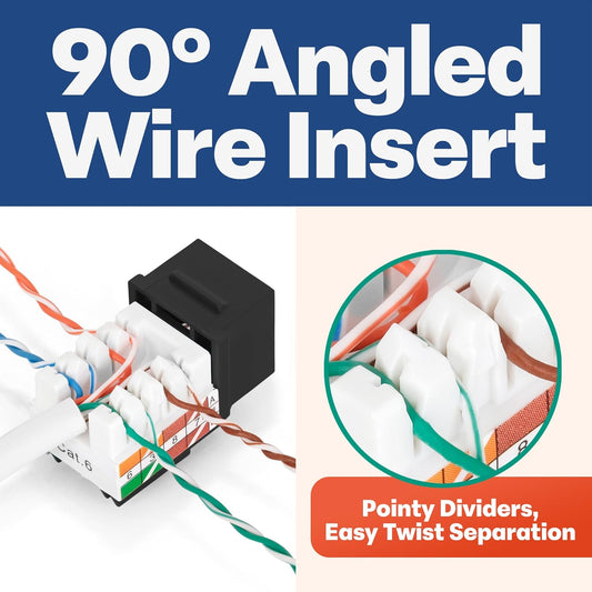 Everest 90° Angled RJ45 Cat6 Keystone Jacks 100-Pack in Black - Slim Profile Female RJ45 Connectors - Cat 6 Keystone Jack - Compatible with 90° Angled Speed Termination Tool - easyJACK (B094WB91H3)