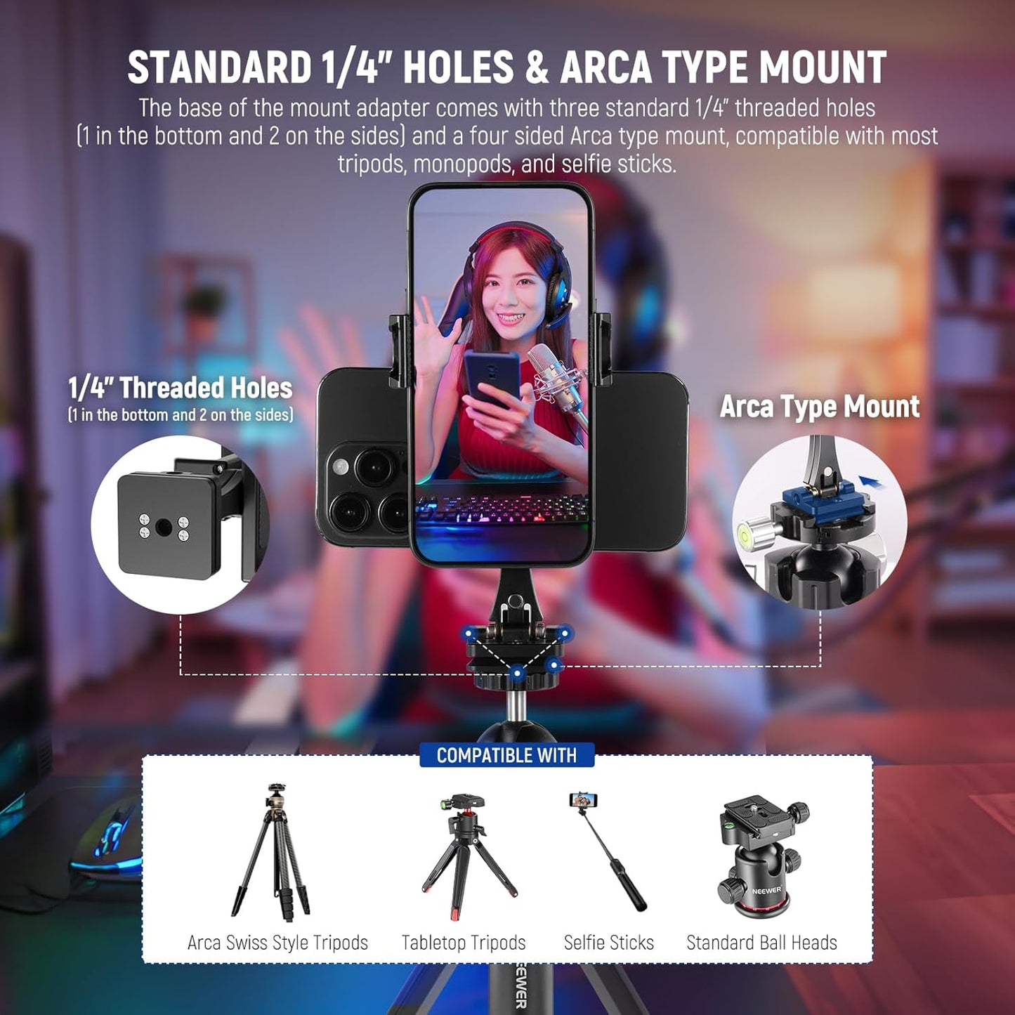 NEEWER Metal Phone Tripod Mount Adapter with Arca QR Base, 360° Rotatable Dual Cell Phone Clip Clamp Holder with 4 Cold Shoes Compatible with iPhone Samsung for Vlog Live Stream Video Recording, SP-08