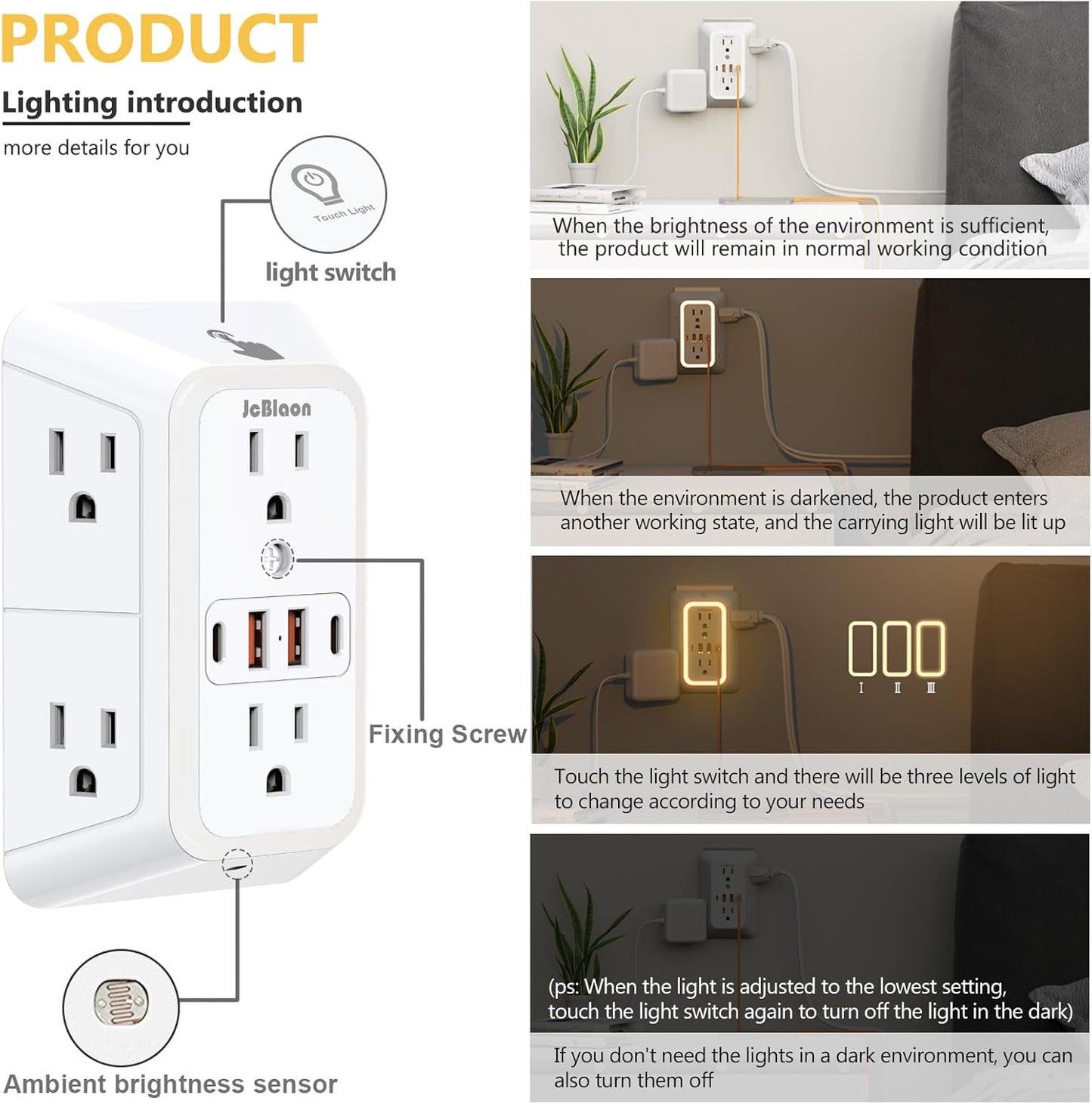 Wall Outlet Extender with Night Light, Power Plug Adapter Multi Plug Outlet Surge Protector with 4 USB Charging Ports (2 USB C), Adapter Spaced Outlets for Home Travel Office
