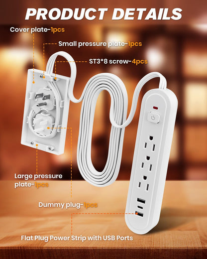 Saker Outlet Concealer Power Strip, 8FT Surge Protector Flat Extension Cord with 3 Outlets and 3 USB Ports, Outlet Cover Baby Proofing for Kitchen, Home and Office (8FT)