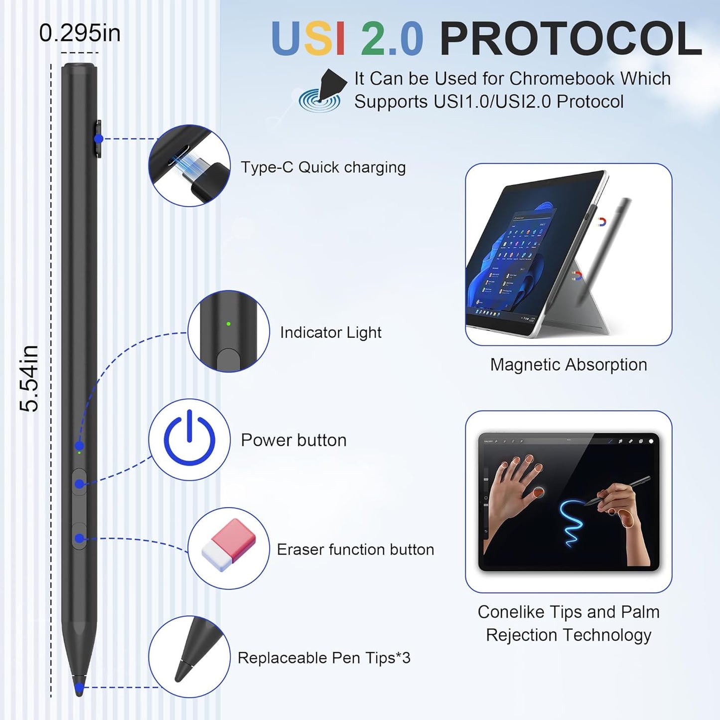 USI 2.0 Stylus Pen for Chromebook & Google Pixel Tablet - Amazon Fire Max 11 Tablet, Lenovo Chrome Book Duet, Acer Chromebook Spin 314, HP, Google Pixel Tablet Stylus, 4096 Pressure USI Stylus Pen