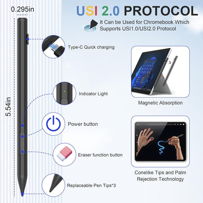 USI 2.0 Stylus Pen for Chromebook & Google Pixel Tablet - Amazon Fire Max 11 Tablet, Lenovo Chrome Book Duet, Acer Chromebook Spin 314, HP, Google Pixel Tablet Stylus, 4096 Pressure USI Stylus Pen