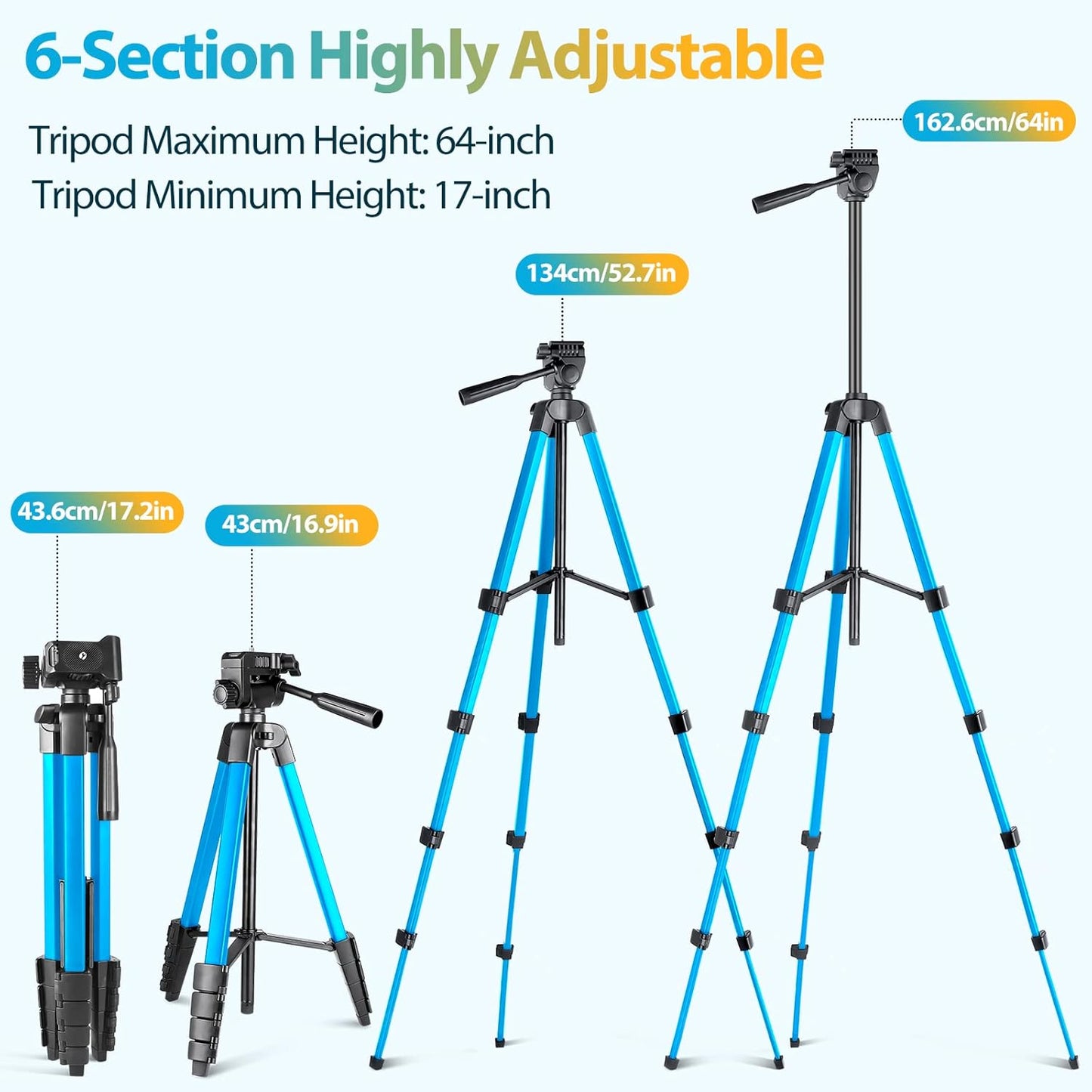 Aureday Phone Tripod Stand, 64” Extendable Cell Phone&Camera Tripod with Wireless Remote and Phone Holder, Aluminum iPad Tripod for Video Recording/Selfies/Live Stream/Vlogging (Blue)