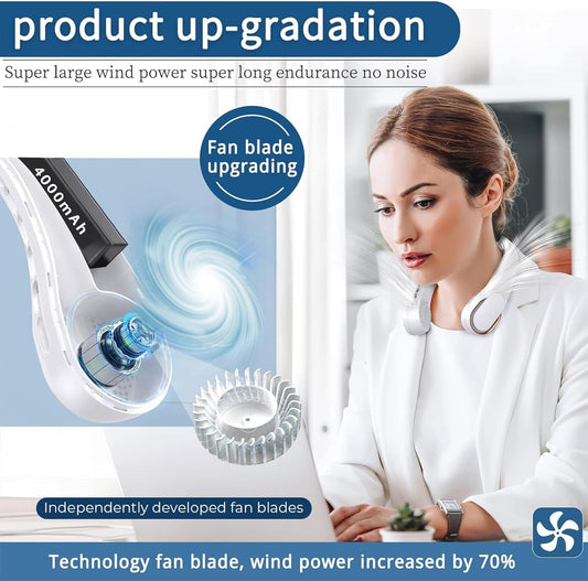 Portable Neck Fan, Bladeless Neck Fan, USB Rechargeable Personal Fan, 4000 mAh Battery Operated Fan, 3 Speeds Adjustable,Faster Cooling, Ultra Quiet, Suitable for Home, Office, Sports