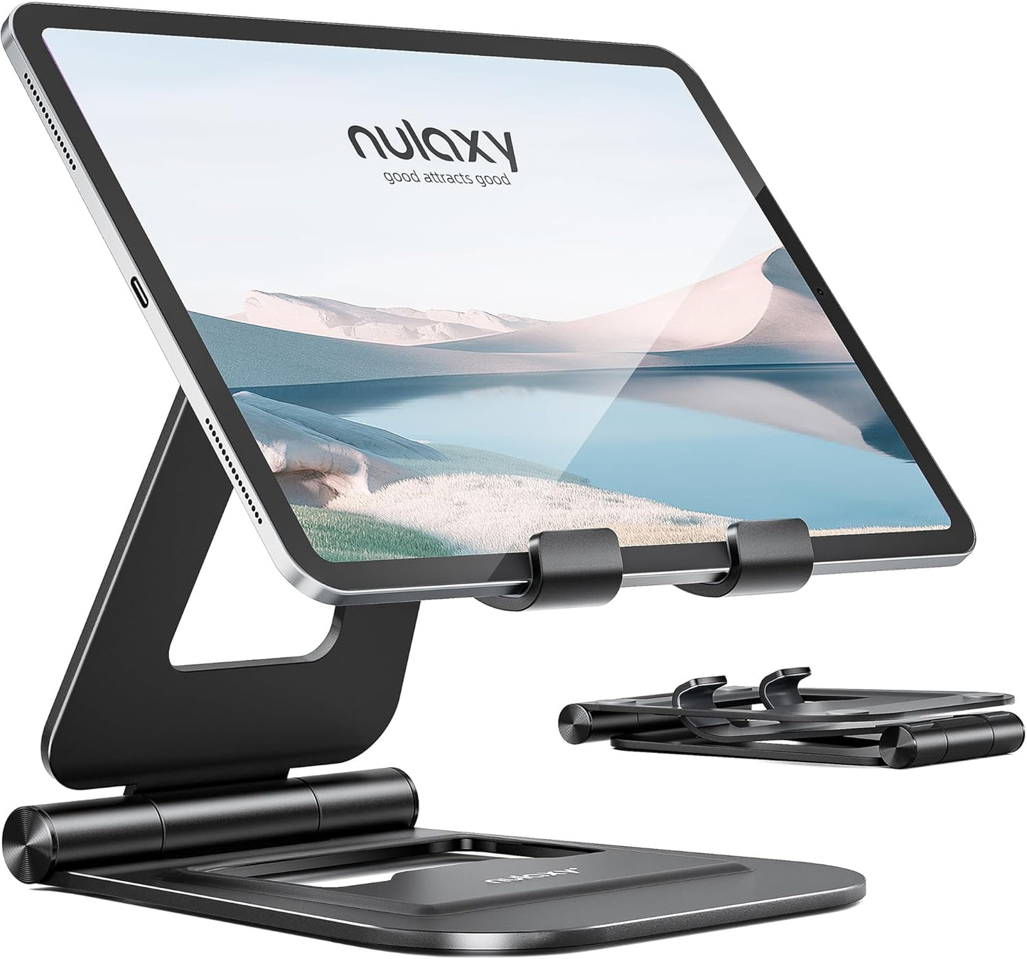 Nulaxy Aluminum Dual Foldable iPad Stand, Fully Adjustable Desktop Tablet Holder, Tablet Accessories for Office Kindle Compatible with Mobile Devices iPad Pro/Air/Mini, iPhone Pro/Max/Plus, Black