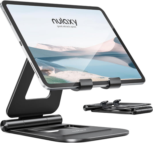 Nulaxy Aluminum Dual Foldable iPad Stand, Fully Adjustable Desktop Tablet Holder, Tablet Accessories for Office Kindle Compatible with Mobile Devices iPad Pro/Air/Mini, iPhone Pro/Max/Plus, Black