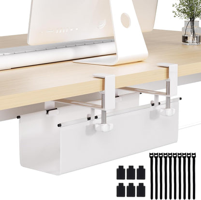 Under Desk Cable Management Tray 15.7" - No Drill Computer Wire Organizer Cable Tray, Cord Hider Clamp Mount with 16X Cable Ties PC Cables Management Cord Holder for Office/Home (Upgrade Fabric,White)