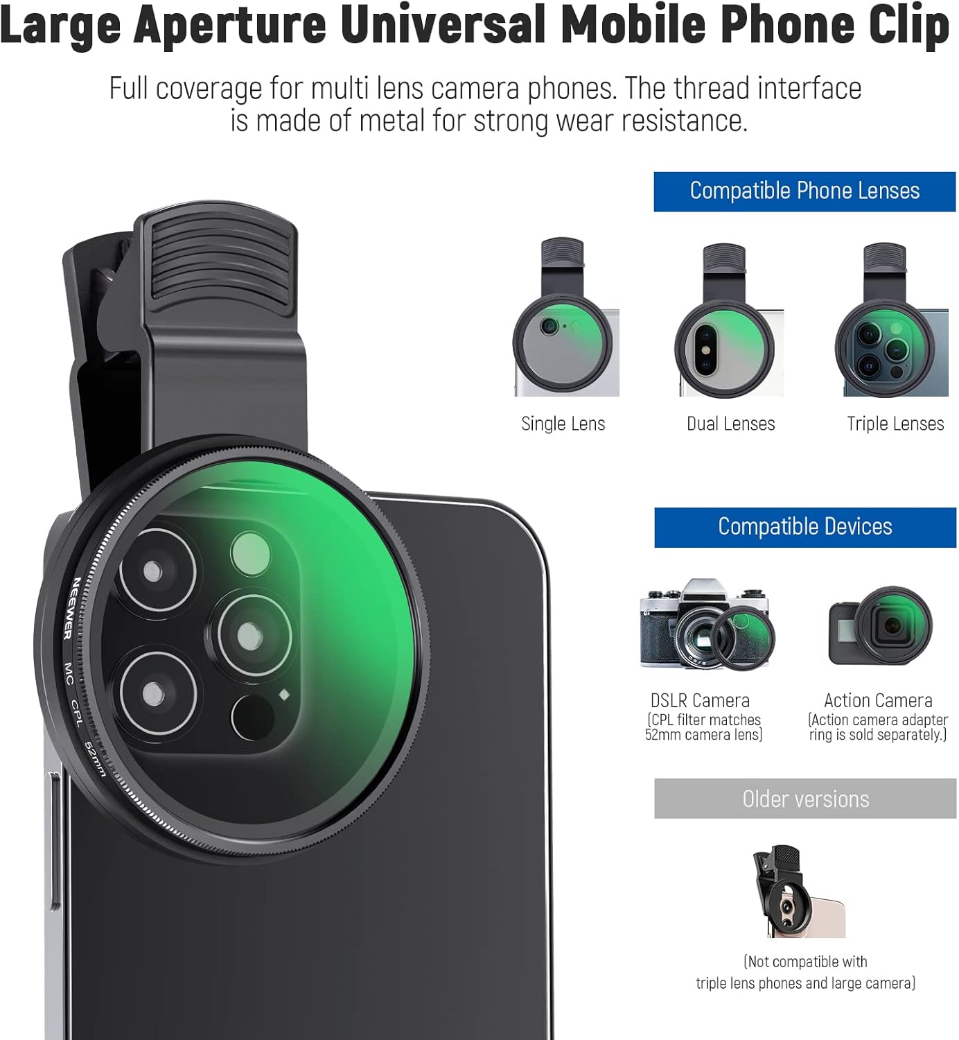 NEEWER 52mm CPL Filter for Phone, Clip On Circular Polarizing Lens Filter with Phone Clip, Storage Case & Cleaning Cloth, Compatible with iPhone Samsung Galaxy Android DSLR Camera, FL-26