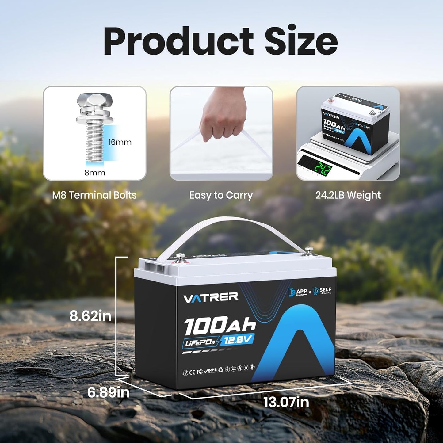 12.8V 100AH Group 31 Bluetooth LiFePO4 Lithium Battery with Self-Heating, Built-in 100A BMS, High/Low Temp Cutoff, Supports Low Temp Charging(-4°F), 5000+ Cycles, Perfect for RV/Camping,Off-Grid,Solar