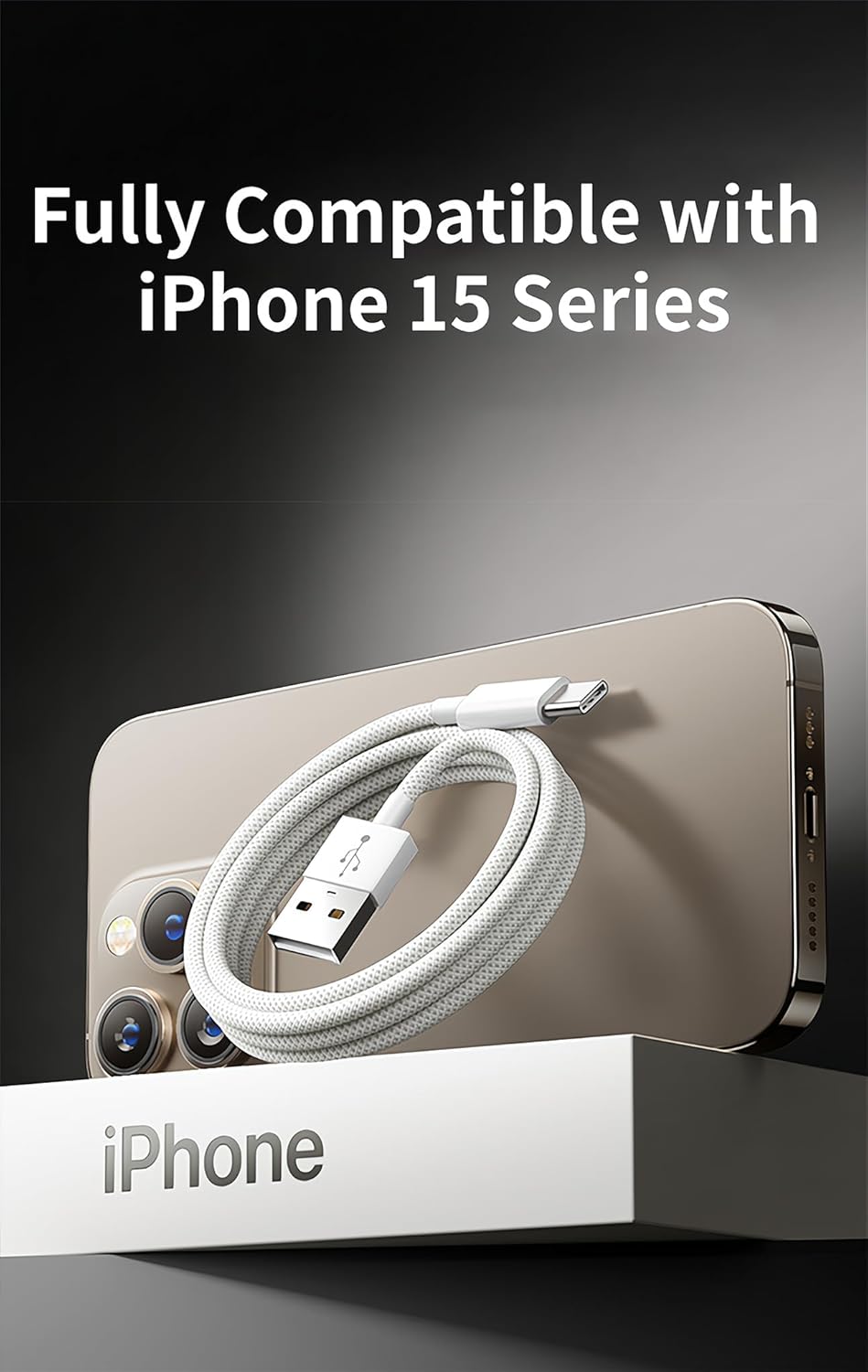 [2-Pack 3.3FT MFi Certified] Woven CarPlay USB C Cable for Apple iPhone 16 Pro Max Charger USB A to USB-C Cord Fast Charging for iPhone 15 Pro Max/16 Plus/16e/15 Pro/16, Type C Car Charge Wire - White