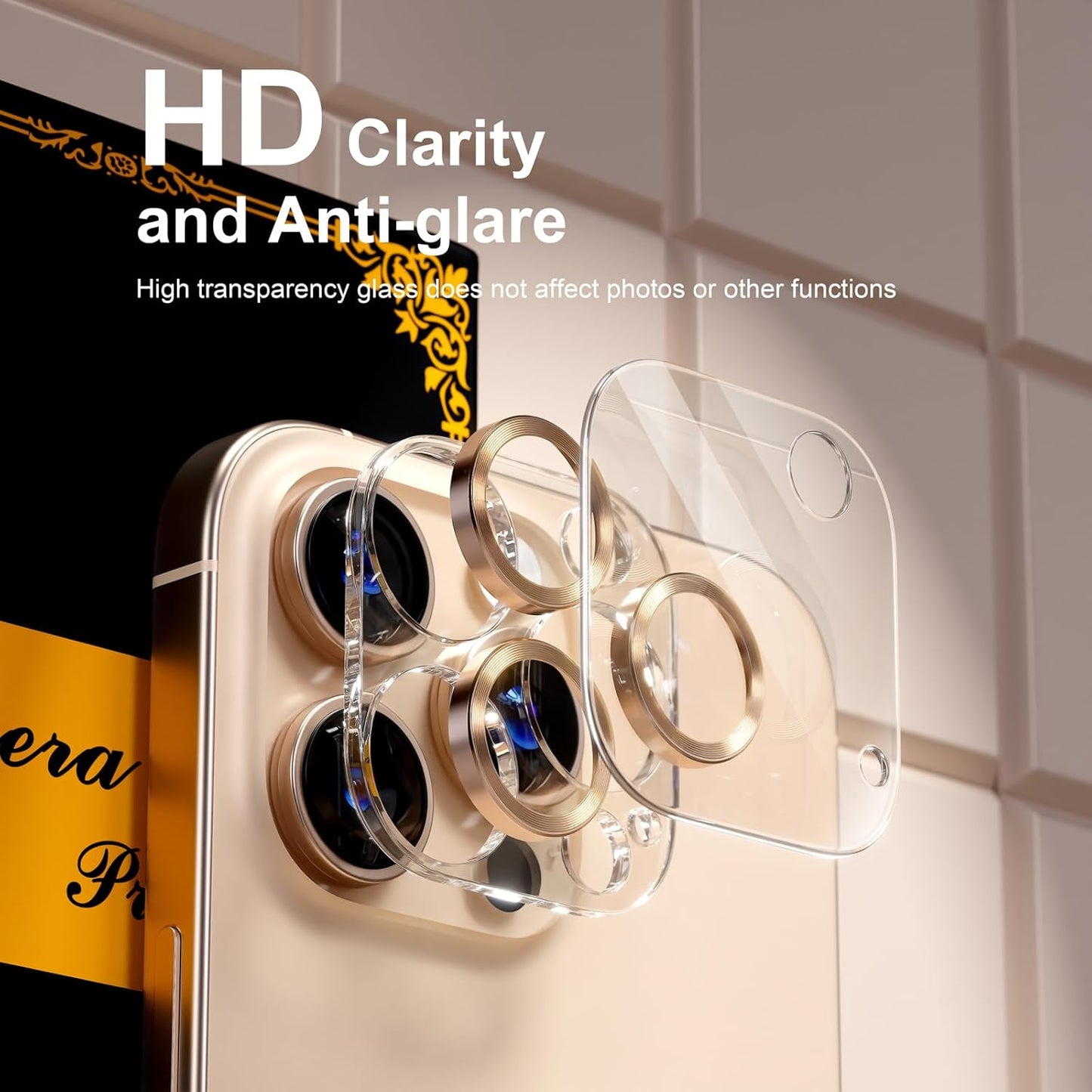 beuxece for 6 Pack iPhone 16 Pro/iPhone 16 Pro Max Camera Lens Protector [Drop Protection] [Case Friendly] [Easy Installation] 9H Tempered Glass Camera Screen Protector Cover, CD Gold