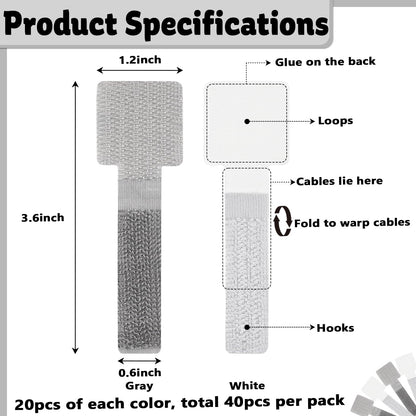 40 PCS Hook and Loop Cable Ties, Self-Adhesive Hook and Loop Cable Straps, Sticky-Back Wire Organizer for Under Desk Cable Management, Adjustable Cable Straps Clips for Home Office(White, Gray)