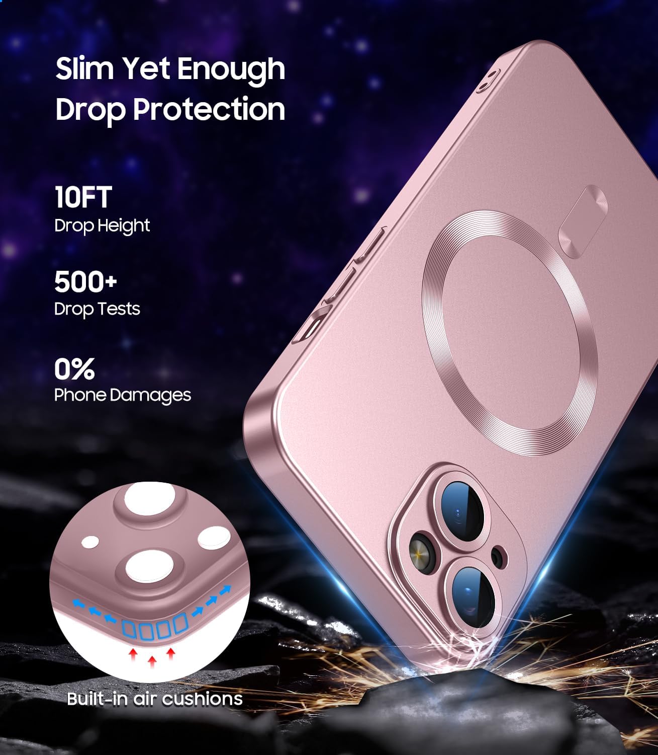Magnetic for iPhone 15 Case [Compatible with MagSafe][Built-in Camera Lens Protector] Slim Soft Silicone Bumper Shockproof Metallic Shine Phone Case (Rose Gold)